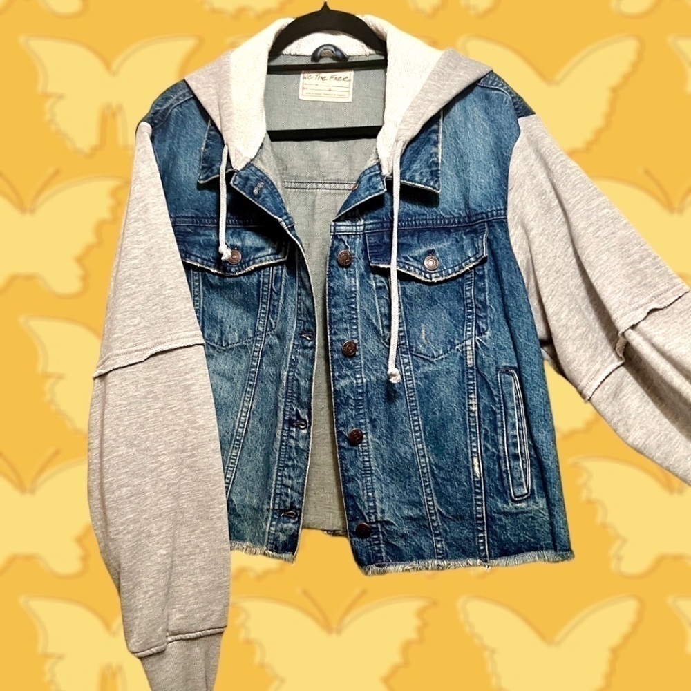 FREE PEOPLE Throwback Denim/Knit Hoodie Style Raw Hem Relaxed Crop Jacket-Md NWT - Picture 12 of 16